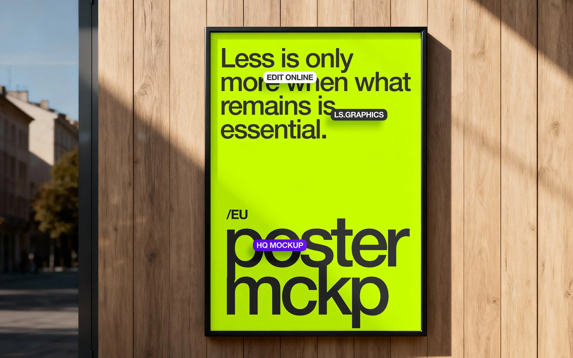 Framed poster mockup on a wood-panelled wall