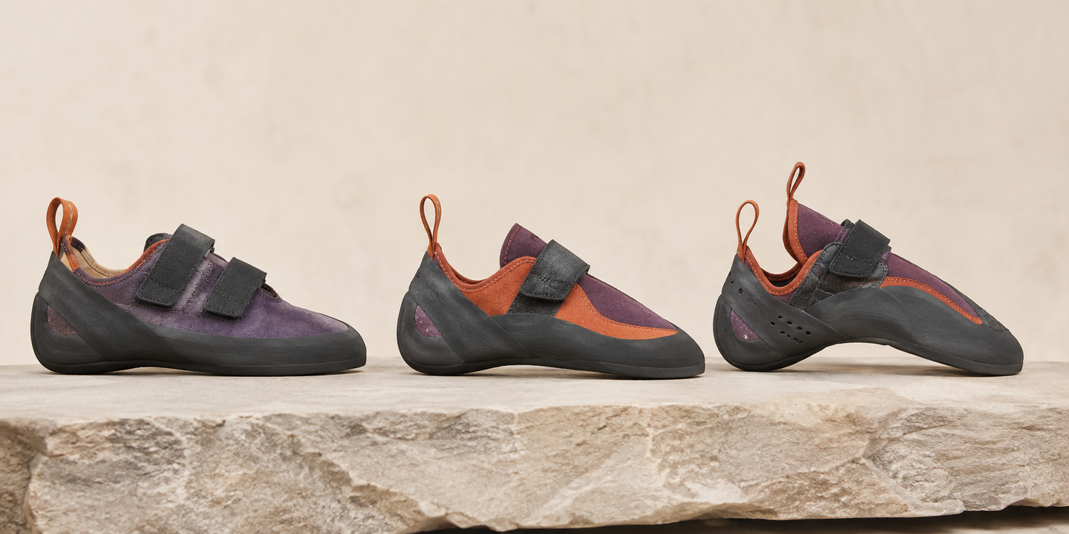 Flat neutral climbing shoe, moderately curved climbing shoe, and strongly downturned performance shoe shown in profile