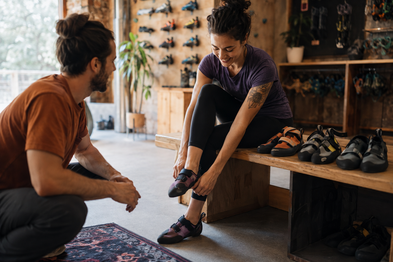 Beginner trying on several comfortable climbing shoes with help from a climbing-store associate