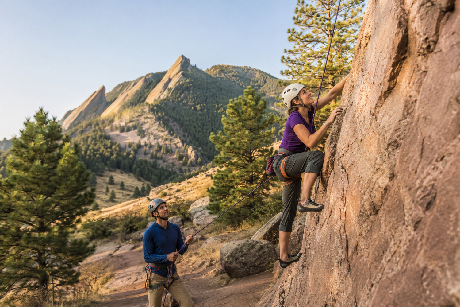 Beginner enjoying an easy outdoor top-rope climb near the Flatirons in Boulder Colorado