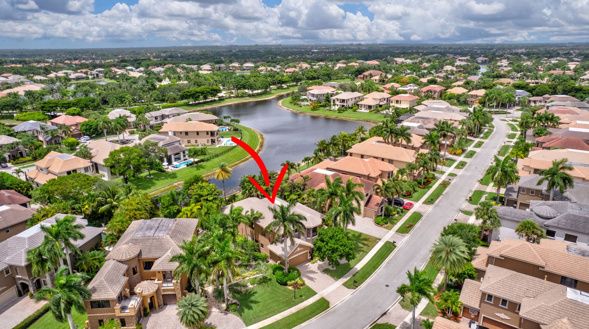 Aerial — house and pool nestled in landscaping