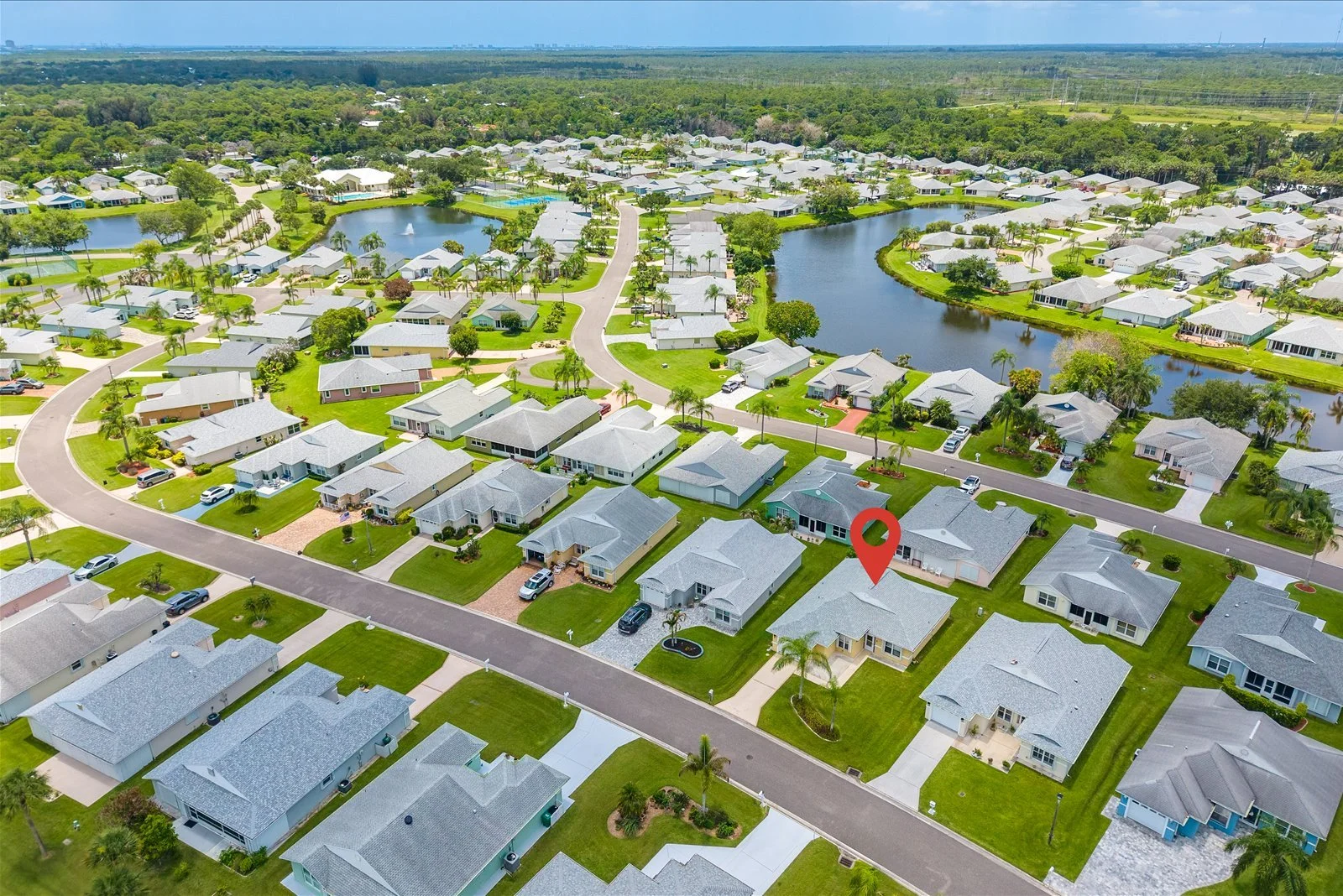 Aerial view of Palm Grove community — 413 European Ln marked, Fort Pierce FL