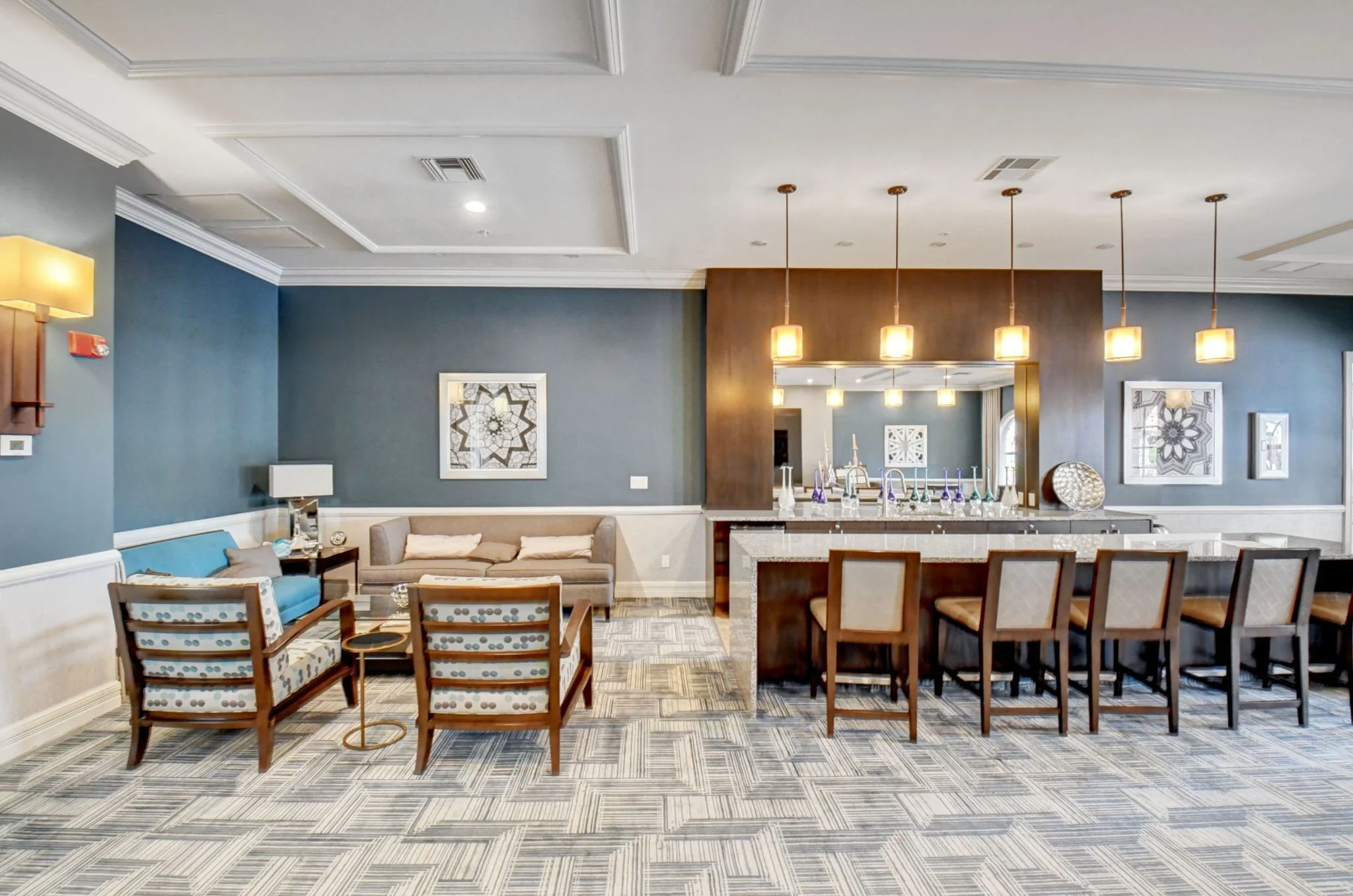 Lounge with granite bar counter