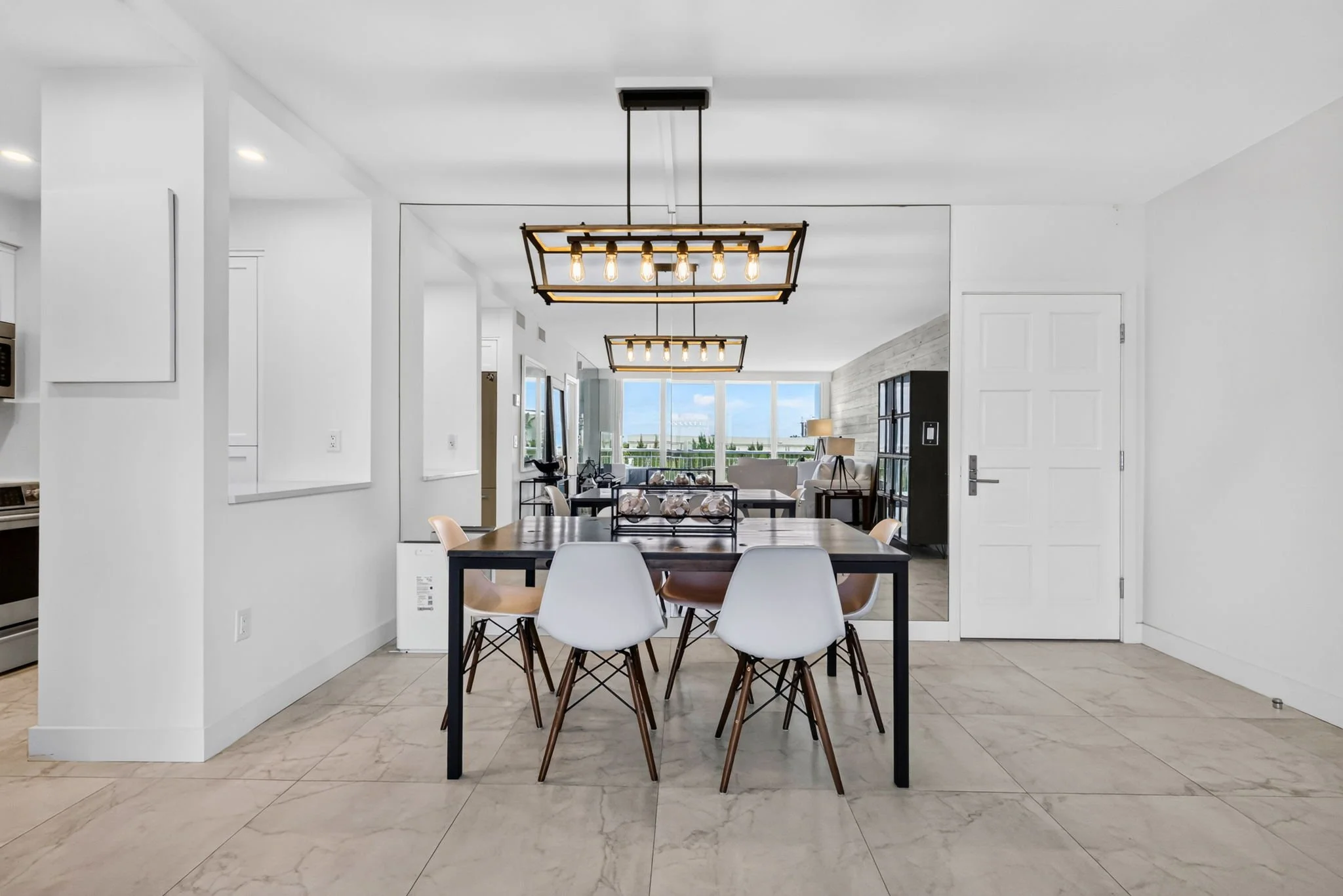 Dining area with pendant lighting