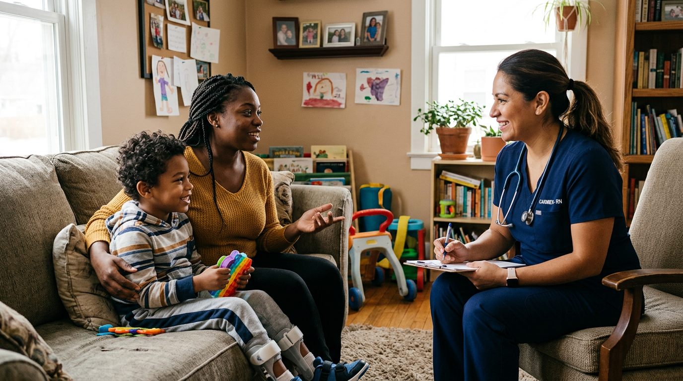 Parent learning about Florida Family Home Health Aide support for a medically fragile child