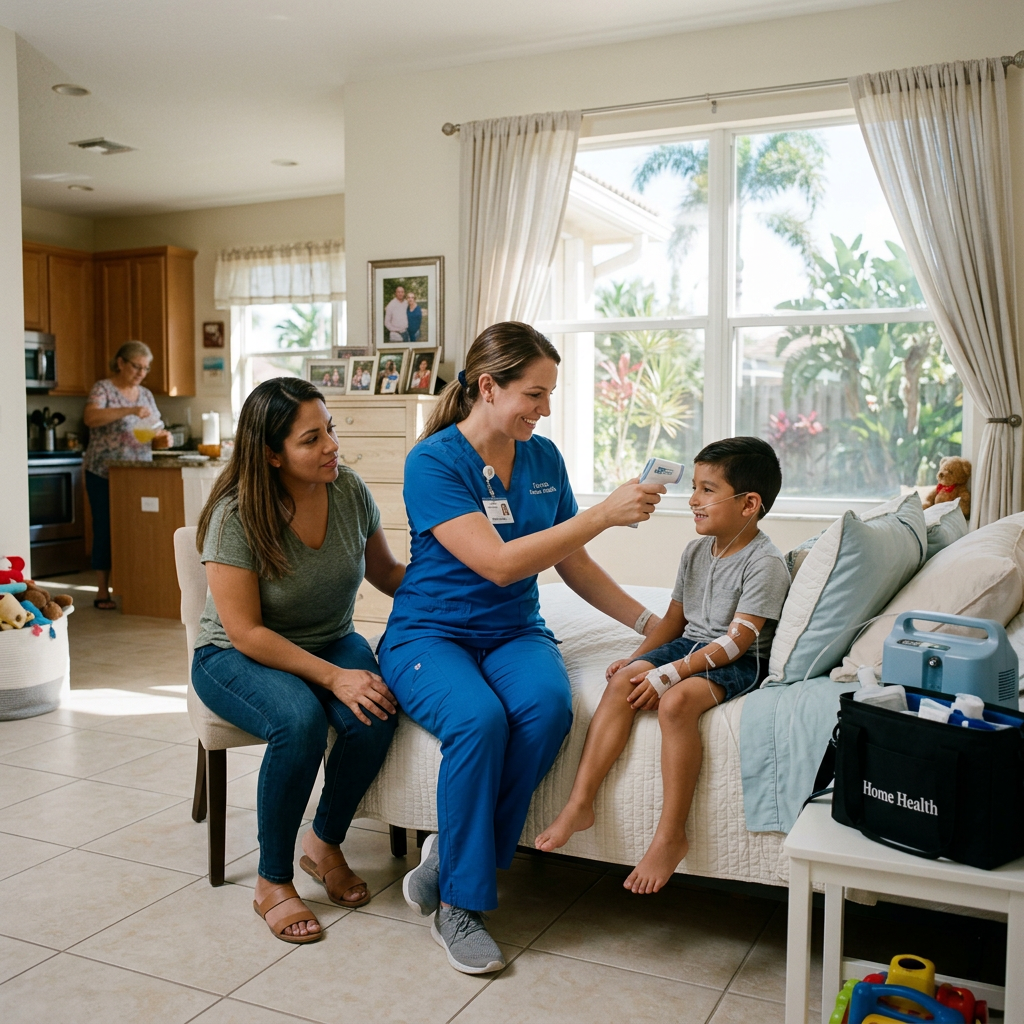 Pediatric home care nurse supporting a child at home in Florida