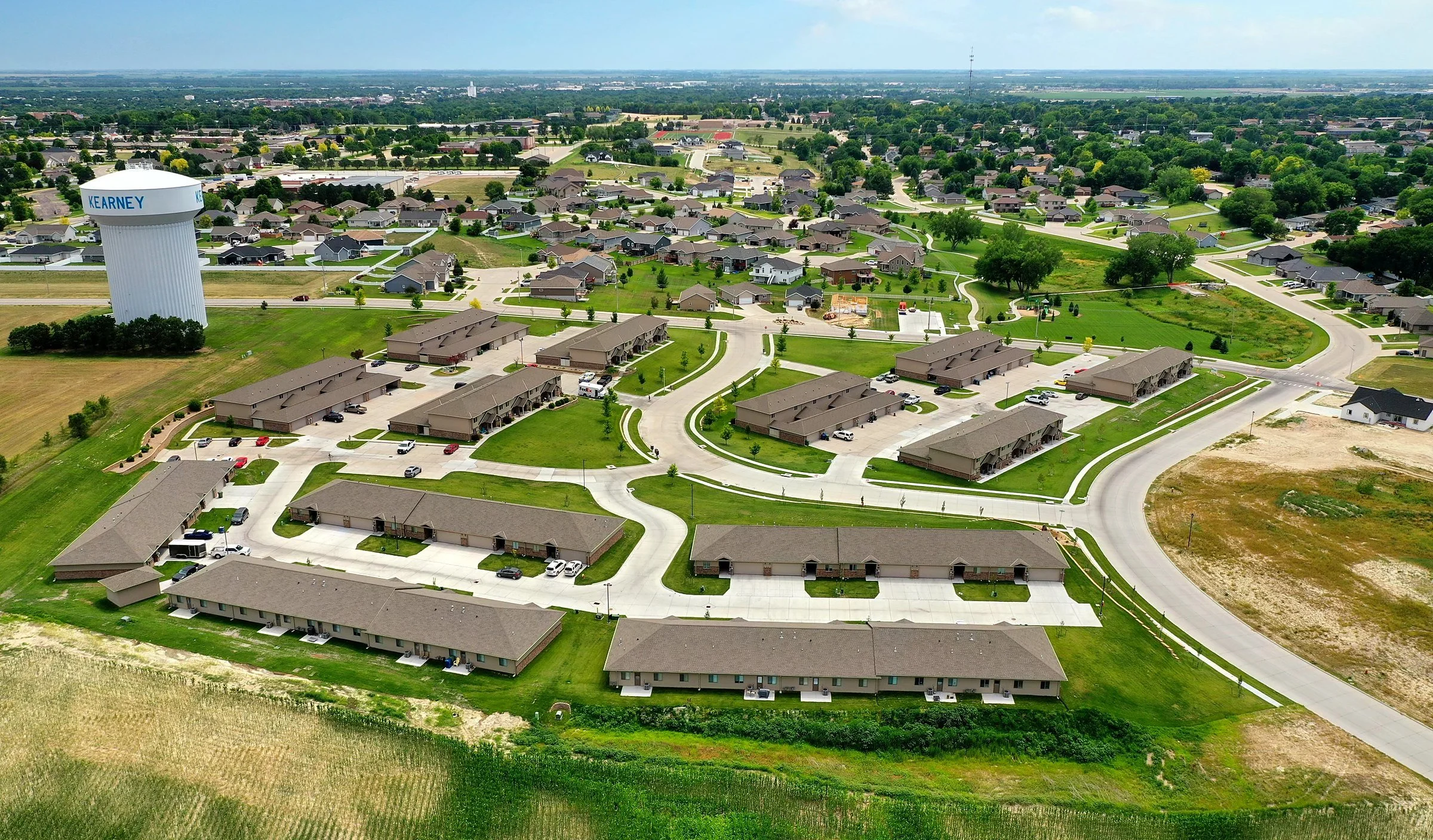 Aerial view of the Fountain Hills townhome community on 10th Avenue in Kearney, Nebraska
