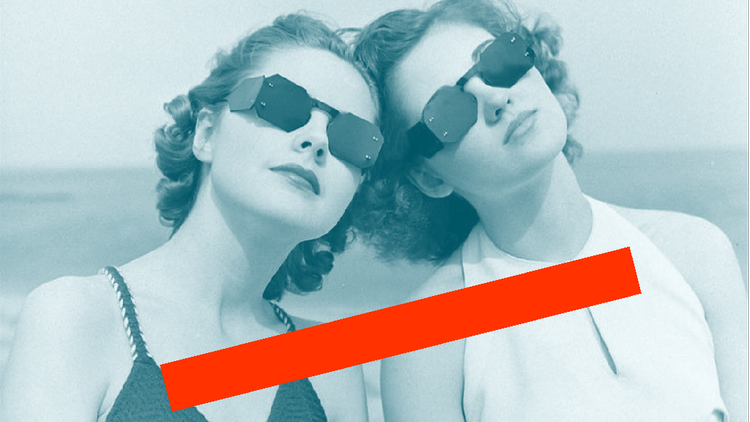 Two women wearing geometric sunglasses, taken in the 1930s
