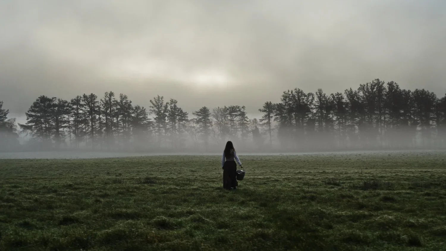 A lone figure crosses a mist-covered field in An Taibhse