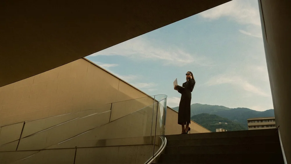 A woman in a long black dress holding a laptop at the top of a sweeping concrete staircase against an open sky, for BCLR's luxury website design service