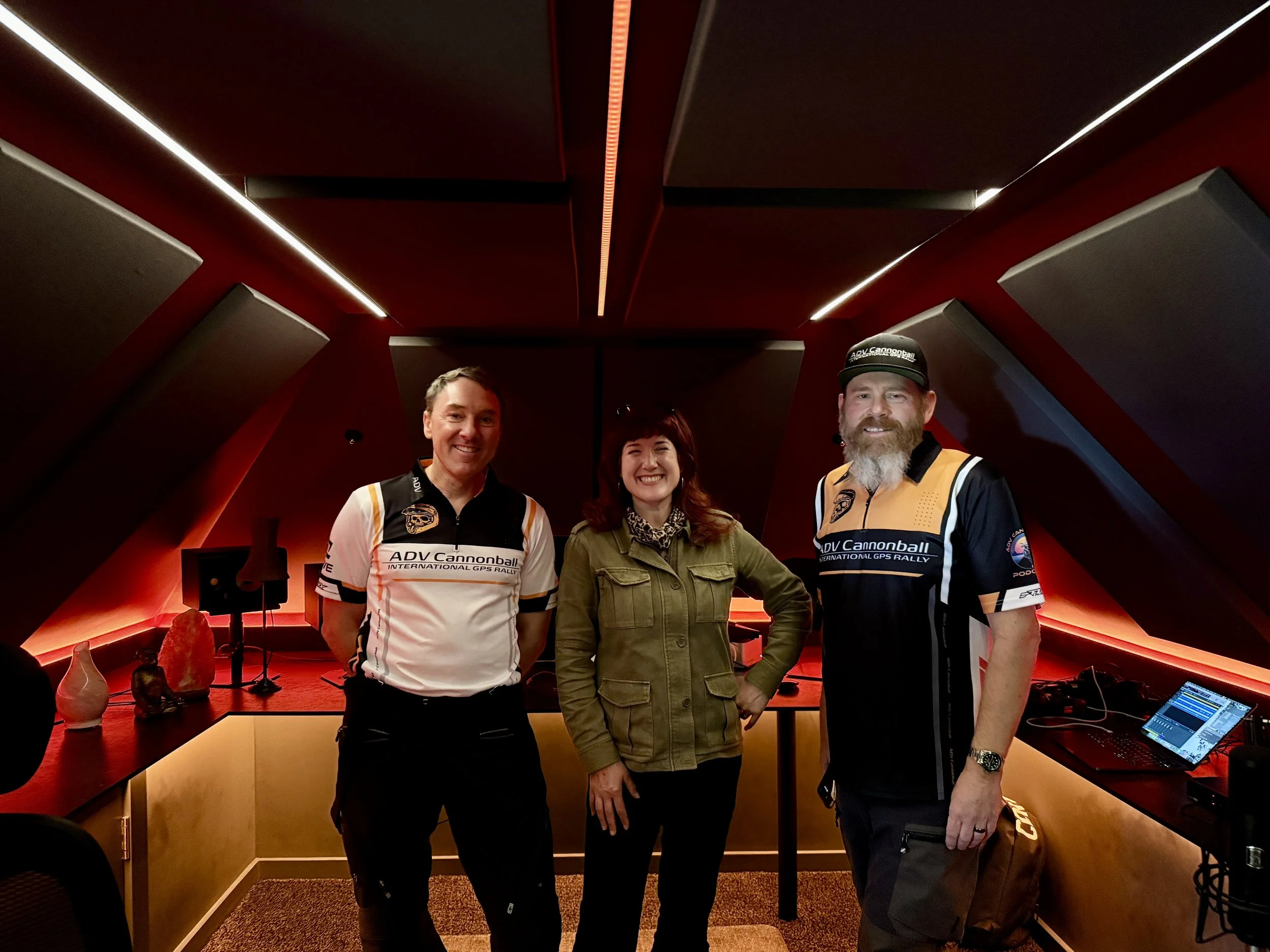 Aaron Pufal and co-host Taylor Lawson recording the ADV Cannonball Podcast in studio with guest Lois Pryce