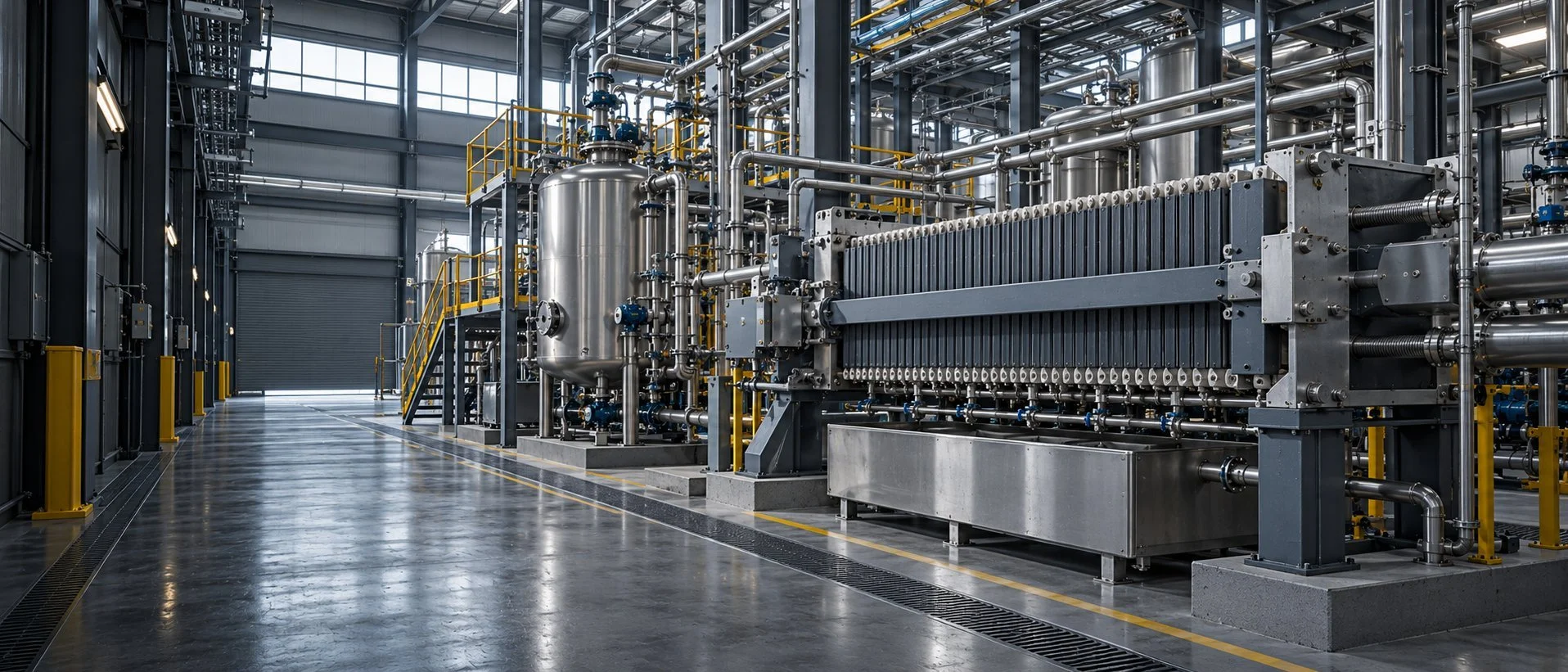 Illustrative view of leach tanks and a filter press