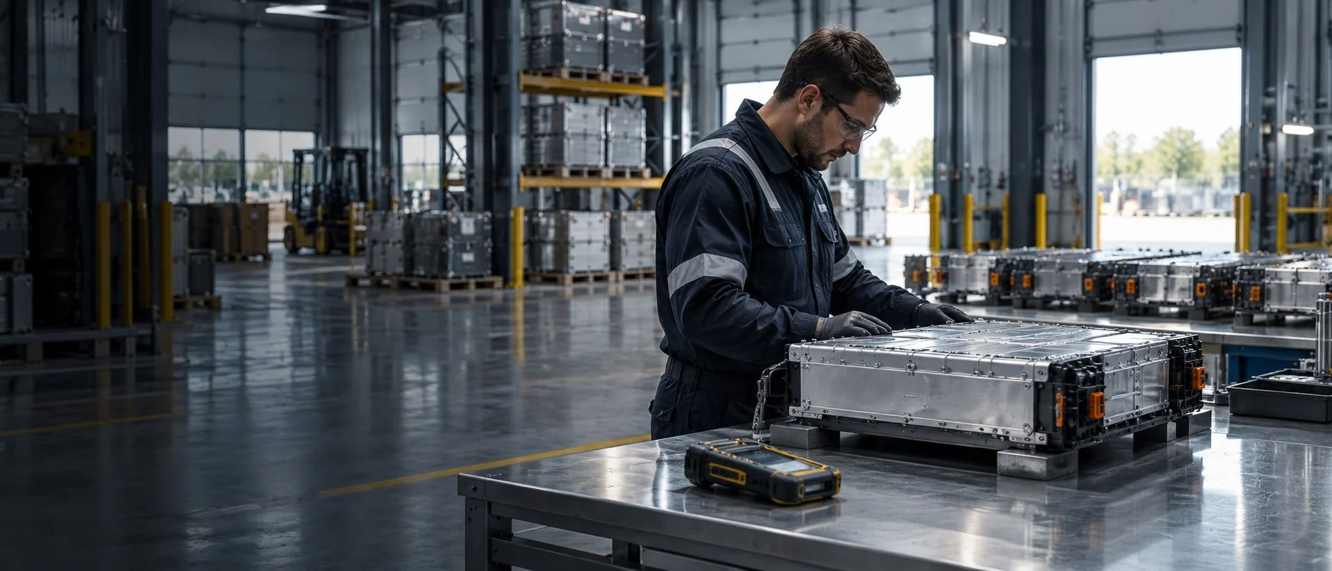 Illustrative view of a technician inspecting an EV battery module at receiving