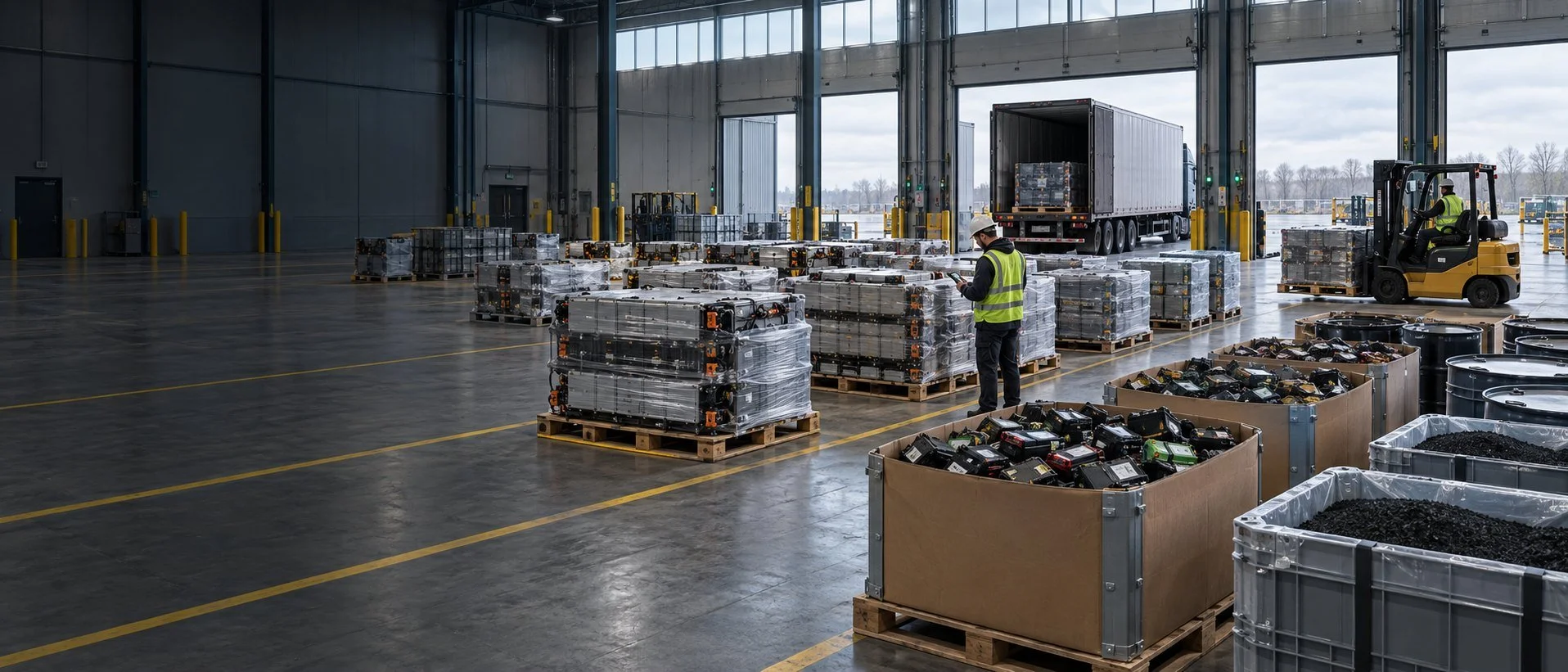 Illustrative view of incoming battery material at a receiving dock
