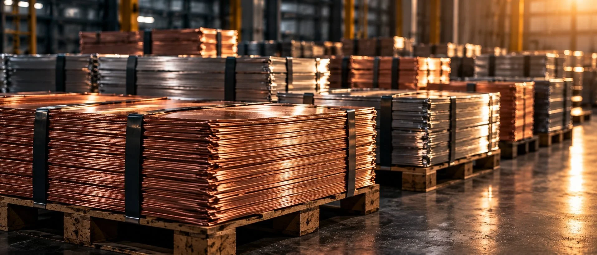 Illustrative view of finished copper and nickel cathode sheets stacked on pallets