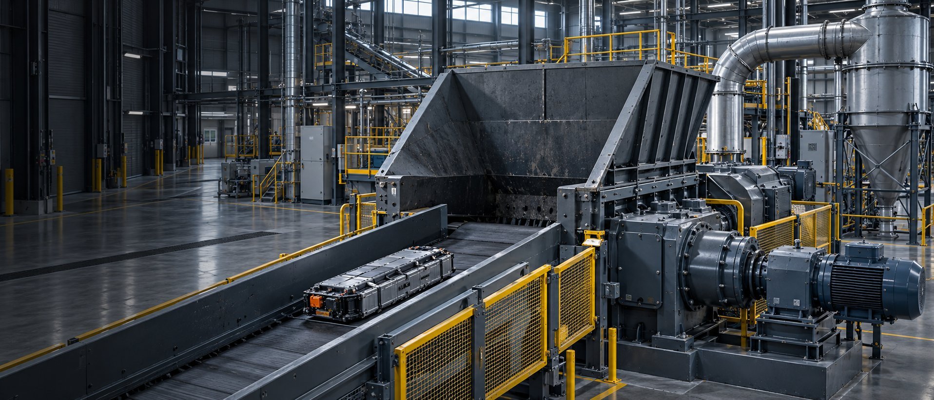 Illustrative view of a battery pack on the conveyor into an industrial shredder