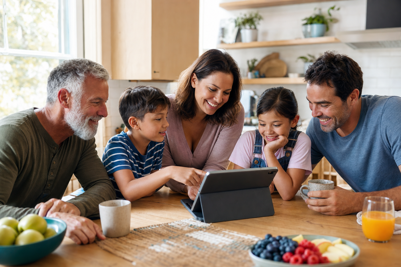 Multigenerational family planning the day together around a tablet at a kitchen table