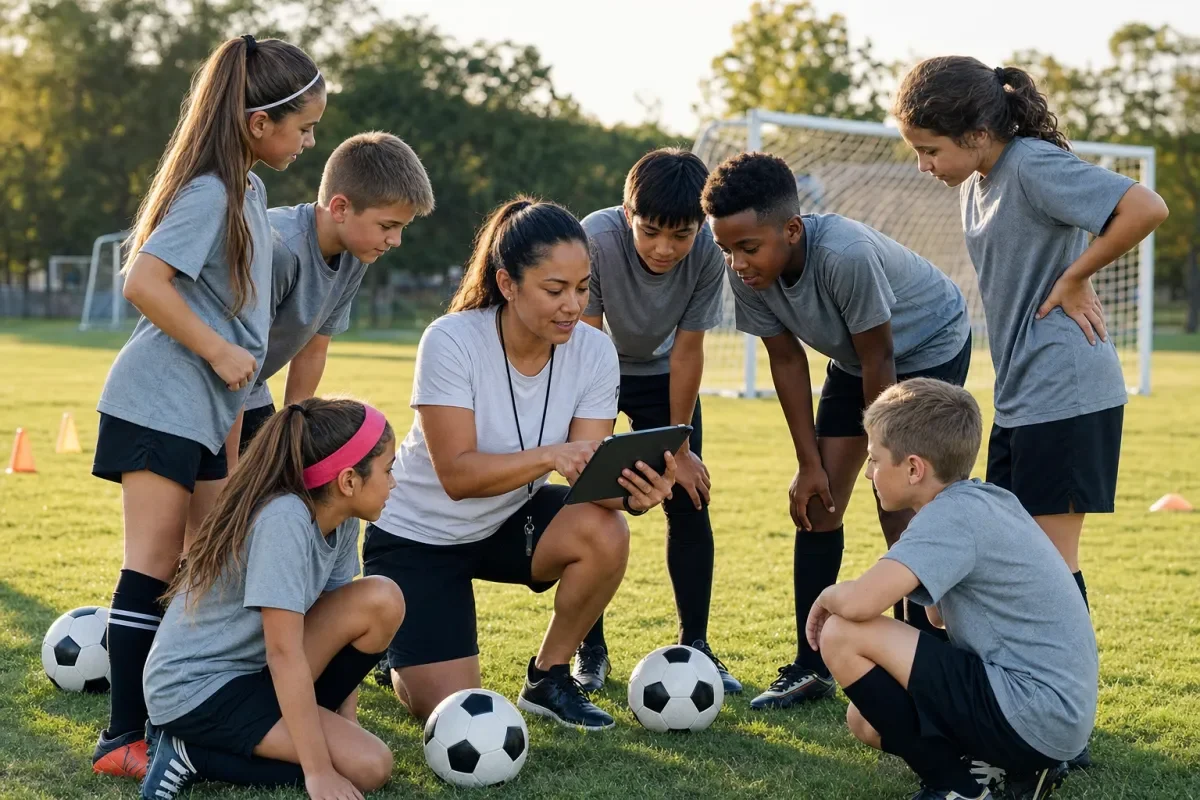 Coach and youth soccer team reviewing the plan together on the field