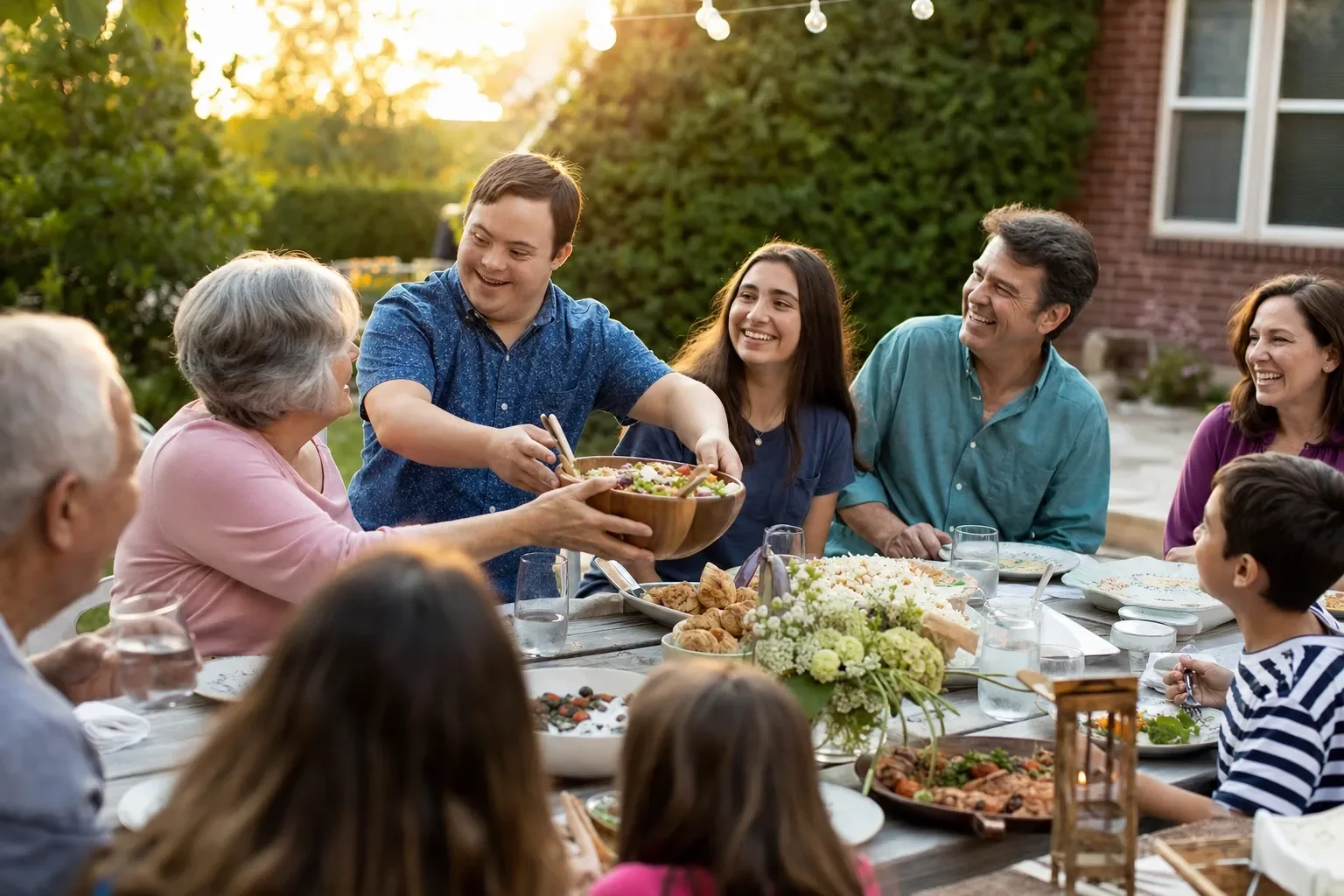 A person with Down syndrome sharing a salad with family and friends at an outdoor meal