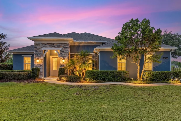 Twilight front exterior view of a home
