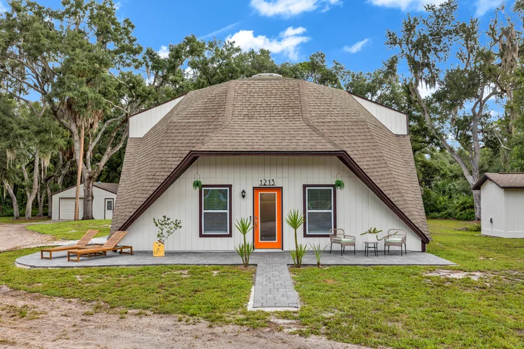 Front exterior of a geodesic dome home