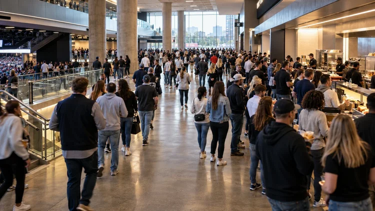 Illustrative busy arena concourse with spectators moving between seating entrances, stairs and concessions queues.
