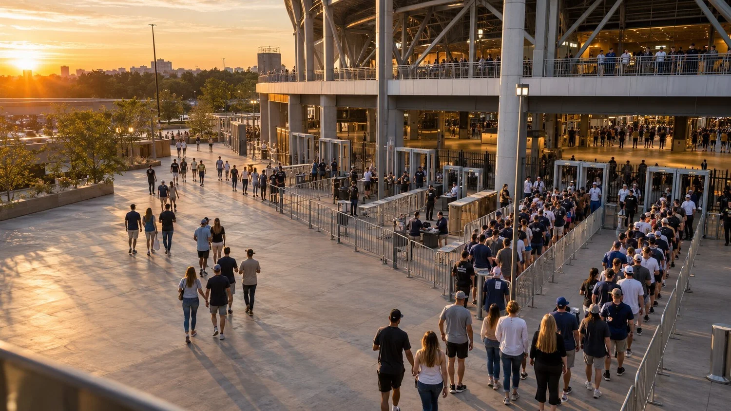 Illustrative stadium entrance at sunset, with spectators approaching screening lanes and entering through separate channels.