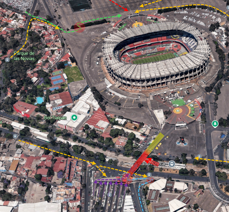 Nicholas Cusano's annotated aerial site view of Banorte Stadium showing approach routes, transport interfaces, directional arrows and highlighted constraints.