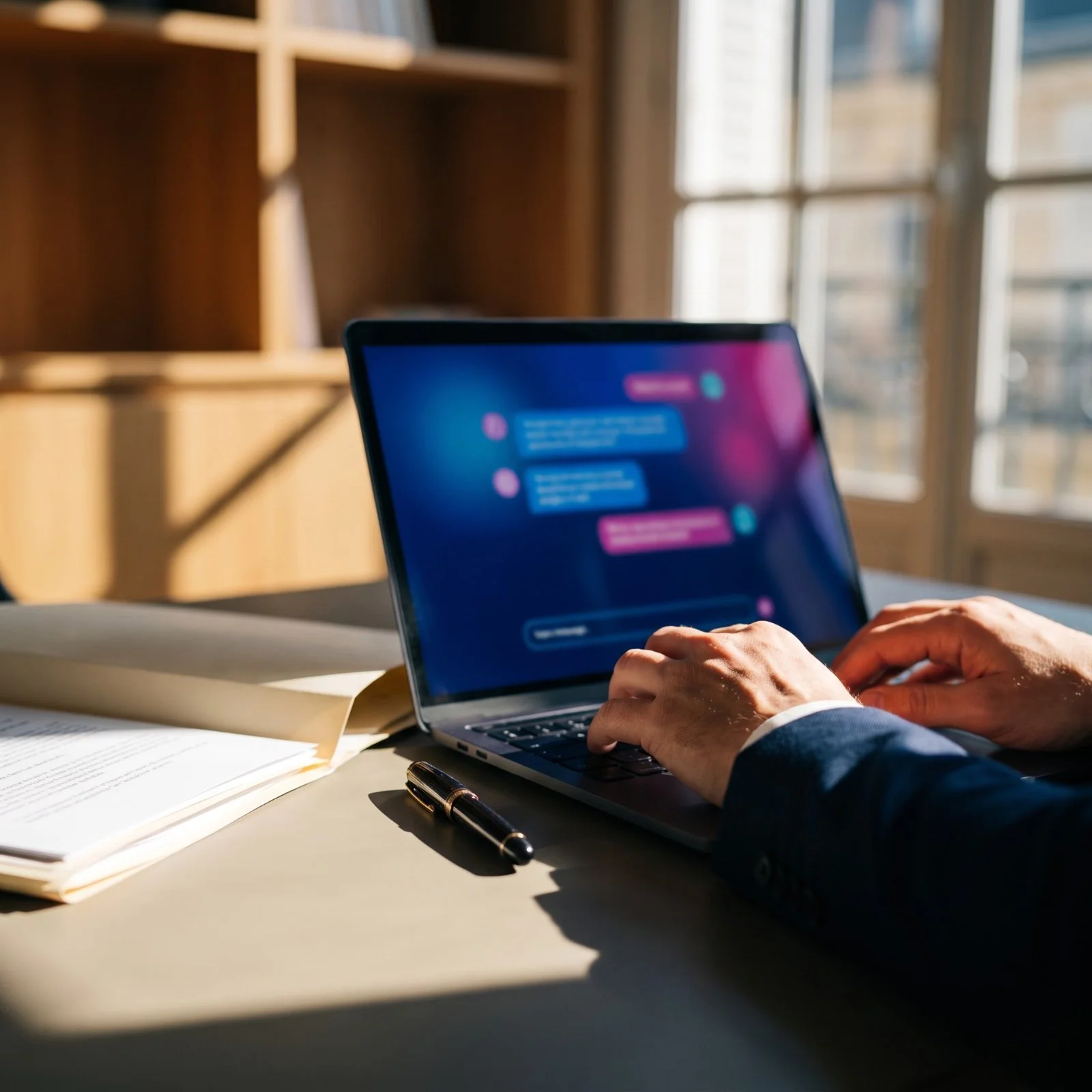 Mains sur un ordinateur portable affichant un assistant IA