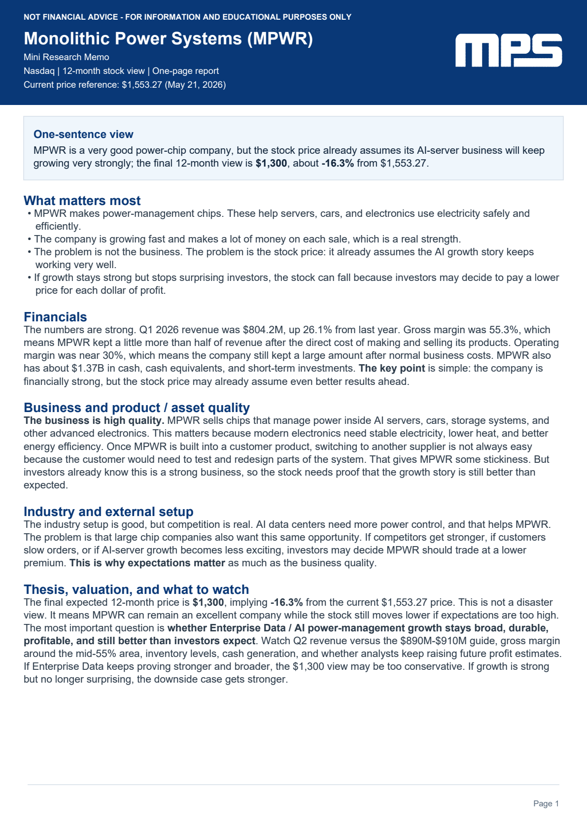 First page of the simple report