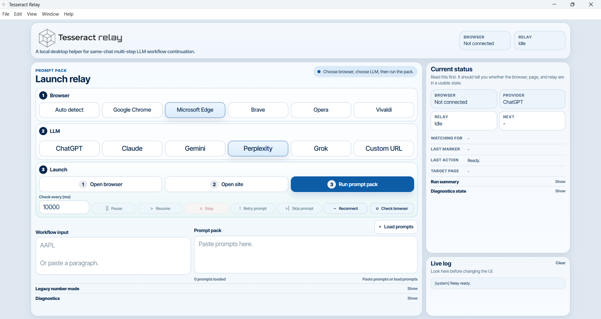 Tesseract Relay desktop application interface