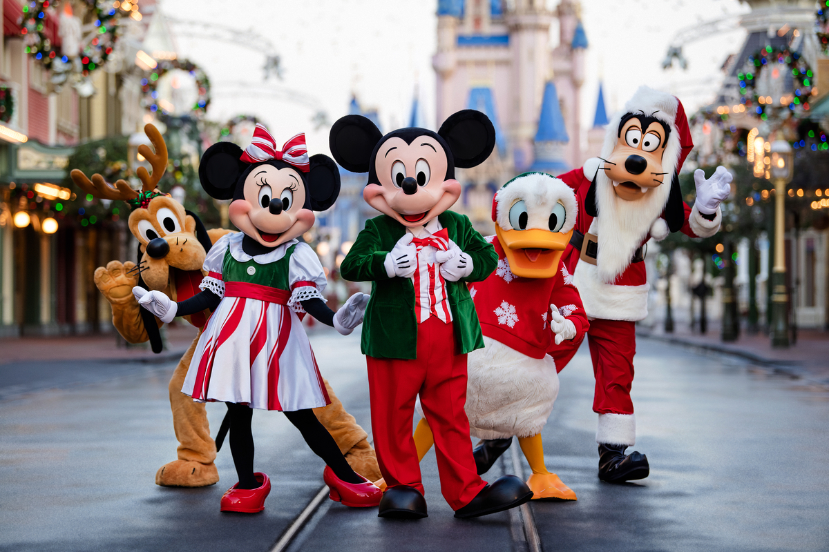 Mickey Mouse, Minnie Mouse, Donald Duck, Goofy and Pluto in Christmas attire at Walt Disney World
