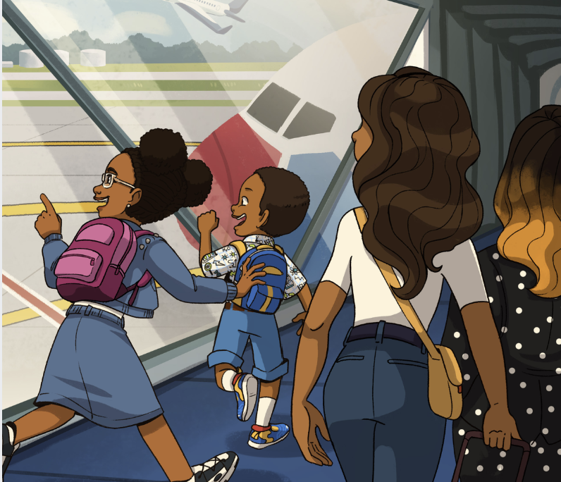 William and family walking through the airport