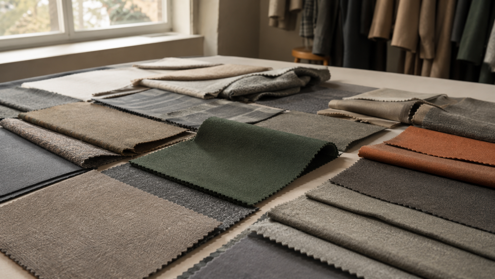 Wool and knit fabric swatches arranged on a light table during a seasonal color and material review