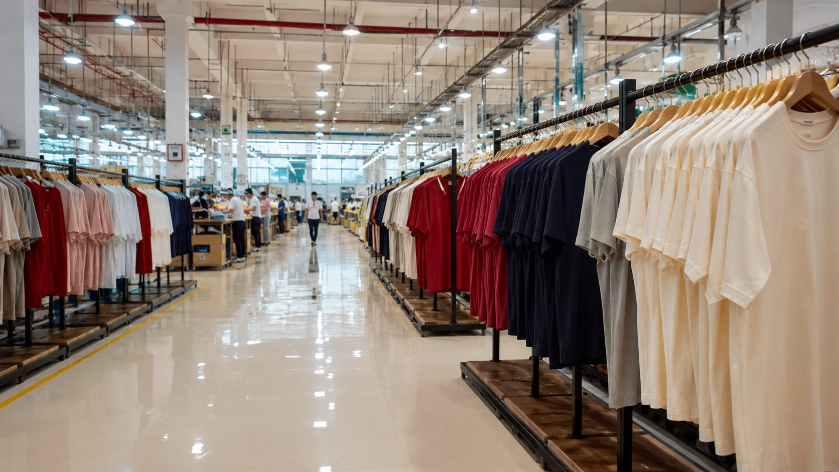 Finished garments hanging neatly in a modern apparel manufacturing facility in Vietnam