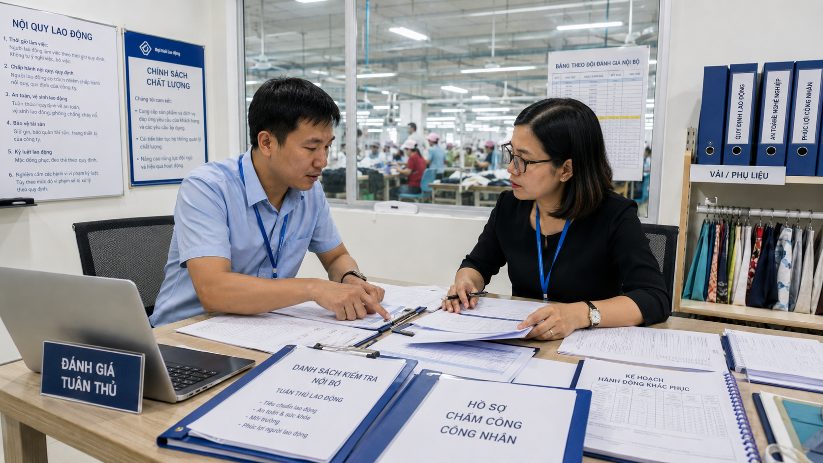 Professional factory compliance reviewer going through audit documentation and worker records with a factory manager in a clean organized meeting room setting