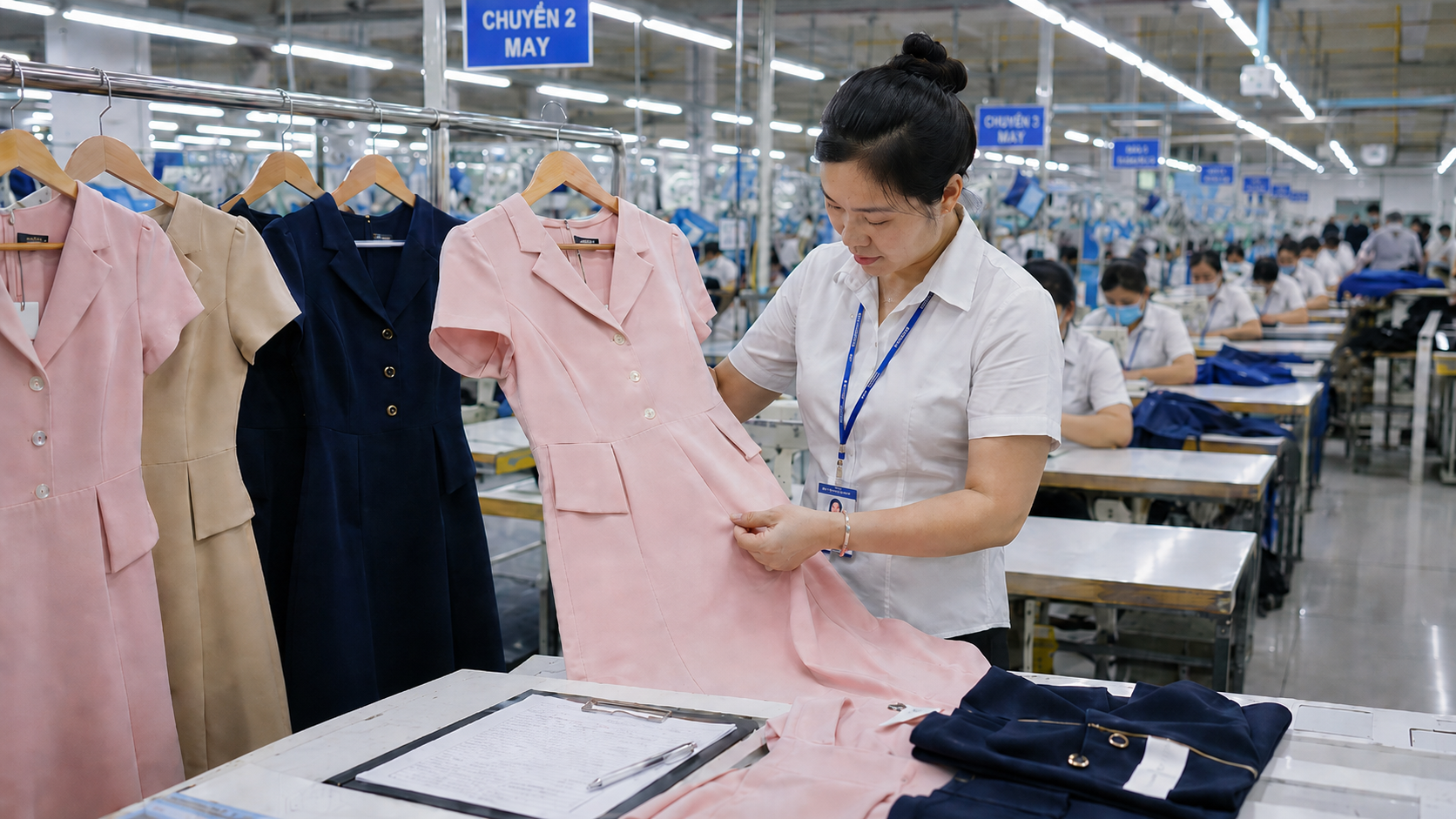 Quality control inspection of dresses in a professional Vietnamese garment factory, inspector examining construction and finishing detail against specification