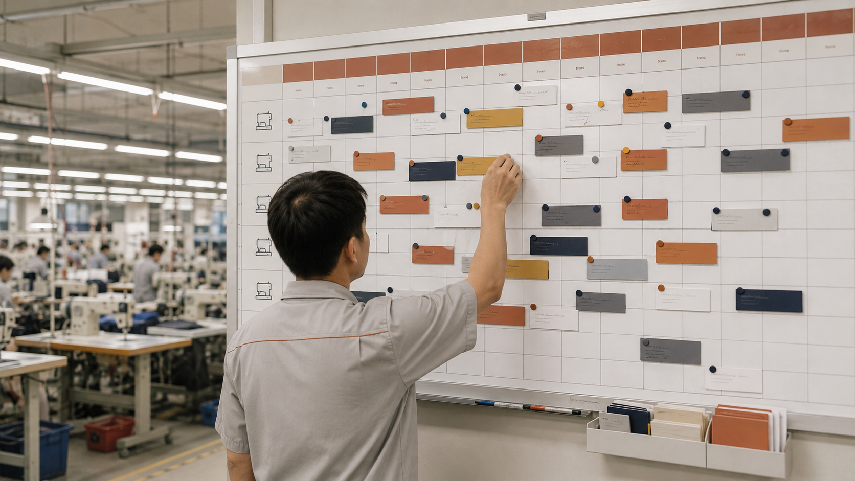 Production planning board in a Vietnam apparel factory showing style schedules and line allocation across weeks
