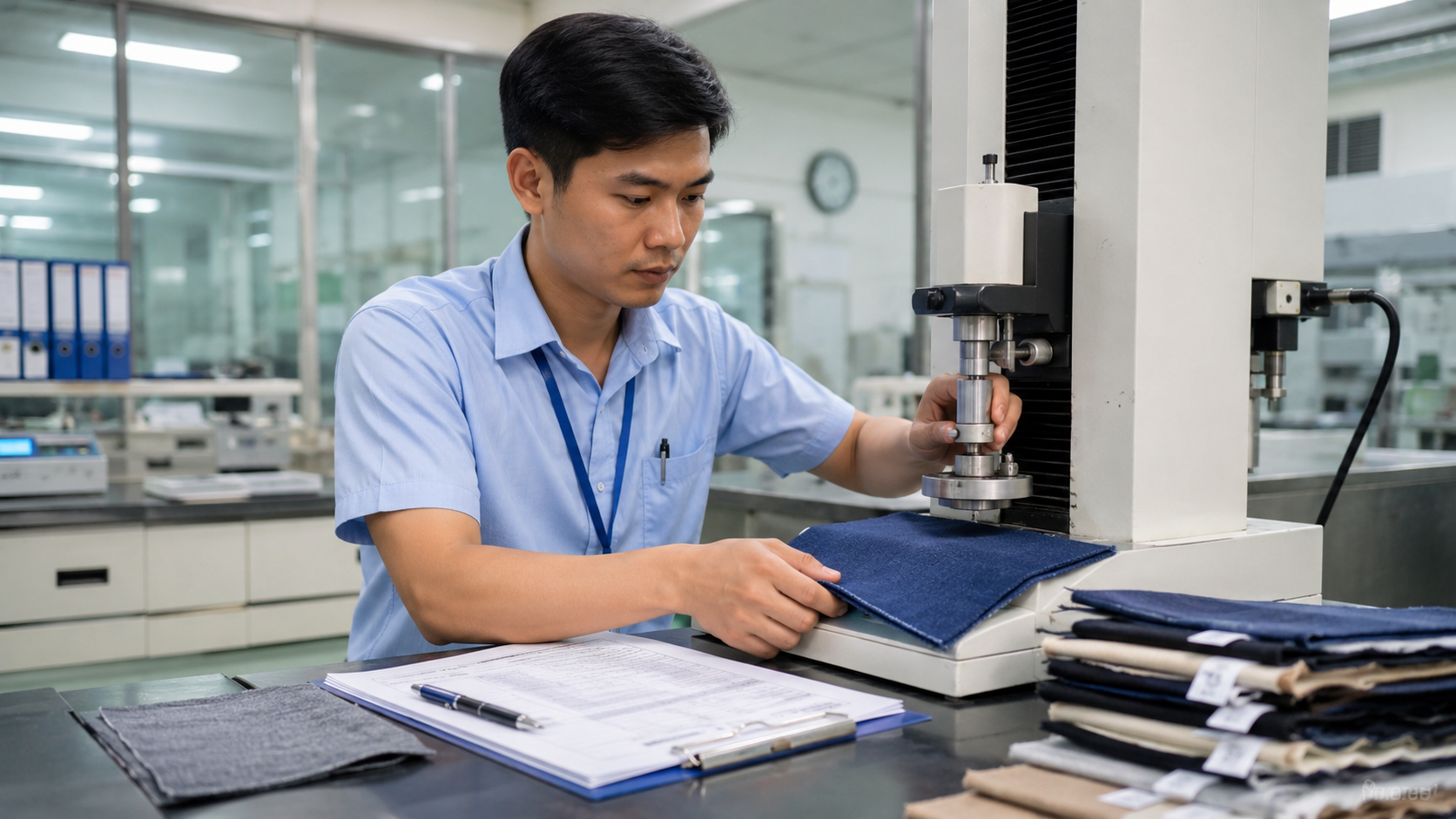 Technician conducting fabric testing with laboratory equipment in a garment factory testing lab