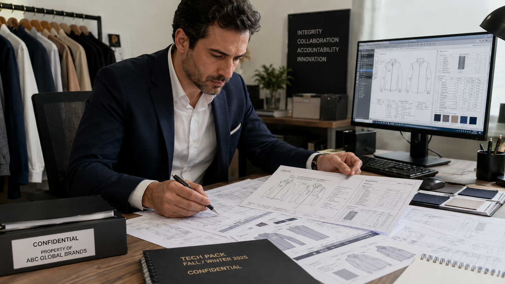 A brand representative or sourcing manager reviewing detailed tech pack documentation and design files on a professional desk, confidential production documentation context