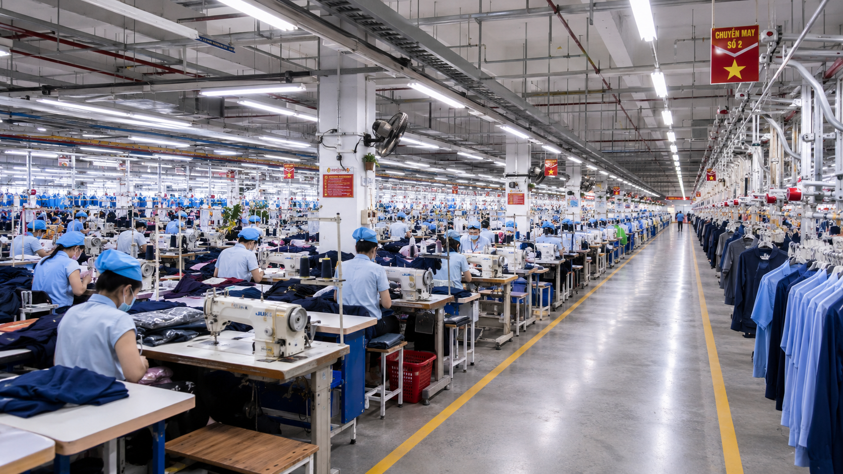 Organized garment production floor with multiple sewing lines running simultaneously during peak seasonal output