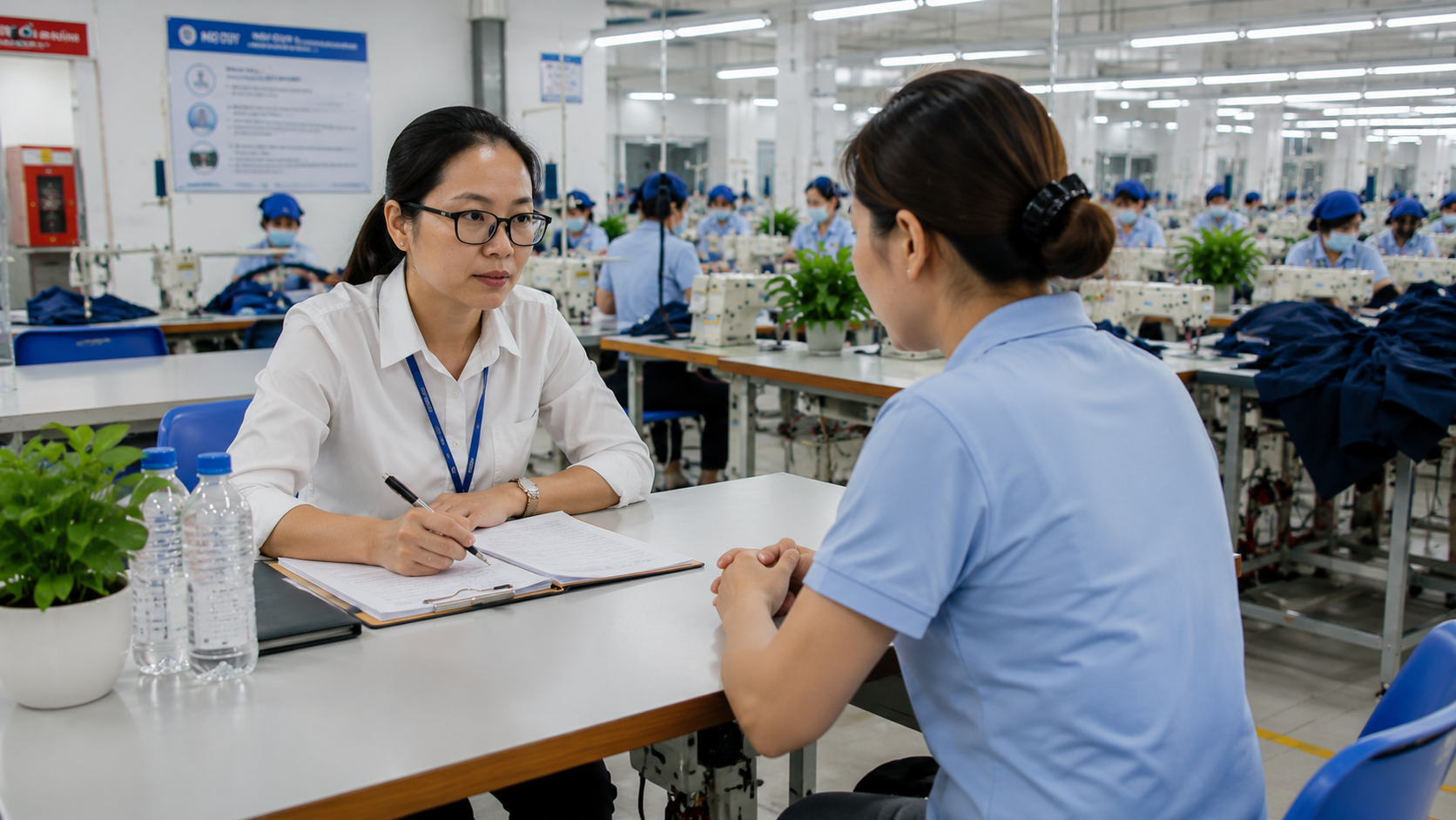 Social auditor conducting a worker interview at a table on the factory floor during a compliance audit