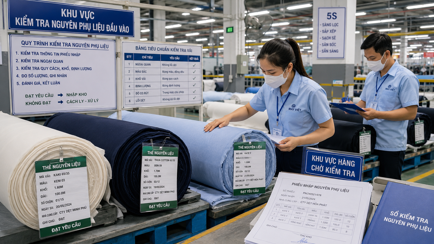 Fabric rolls being inspected at factory intake with mill tags visible
