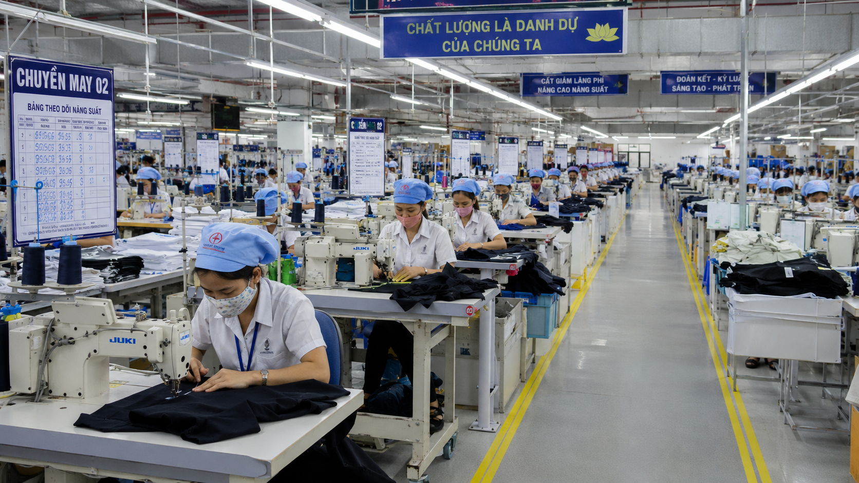 Organized Vietnamese garment production floor with multiple active sewing lines