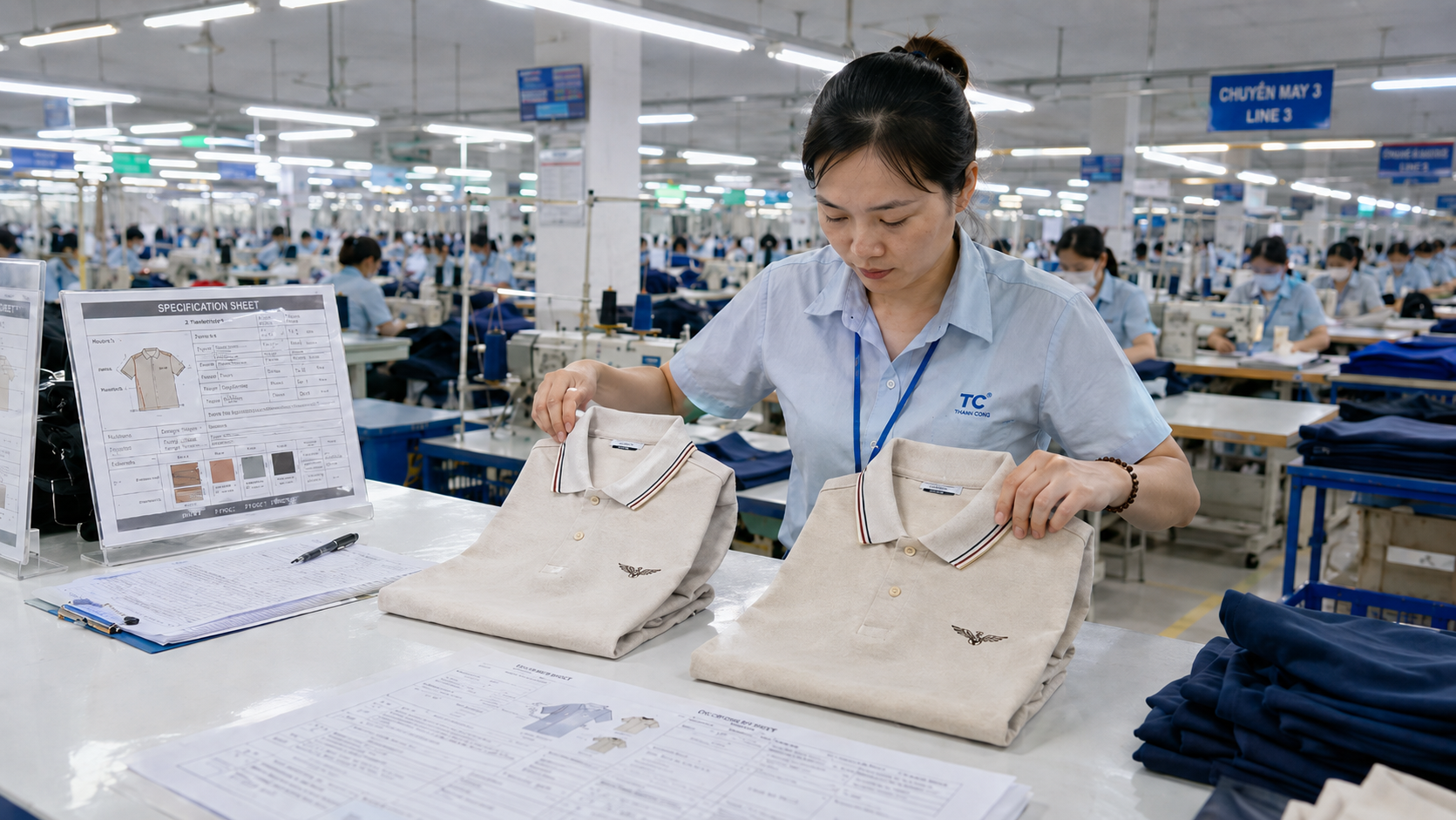 A quality control inspector comparing a current production garment against an approved reference sample in a professional Vietnamese factory setting