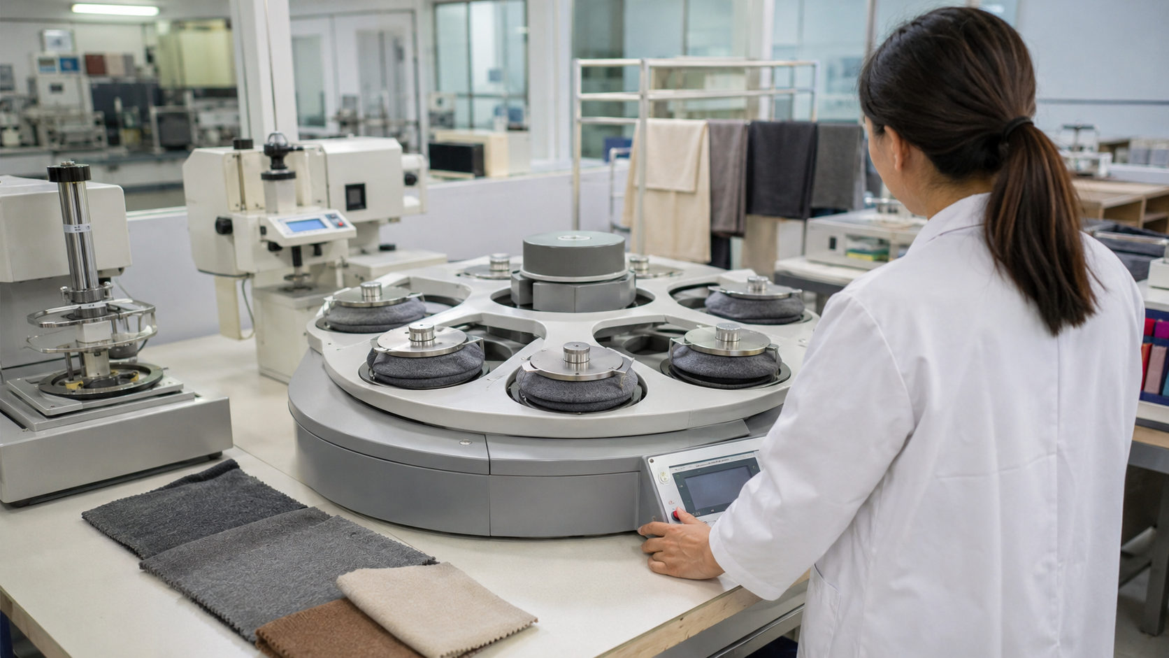 Wool fabric inspection and testing being carried out in a garment factory laboratory