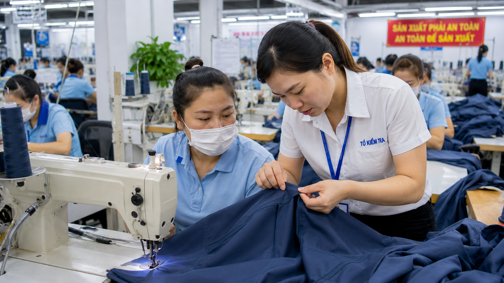 Inline inspector checking seam construction at a sewing station during active production