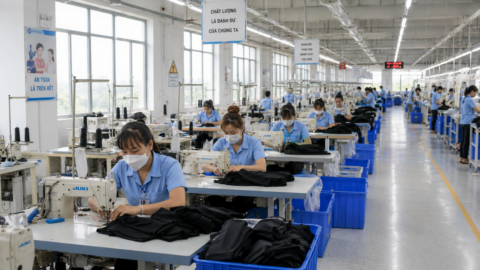 Clean organized professional Vietnamese garment factory workspace with safety signage, natural lighting, and clearly structured worker stations demonstrating operational discipline