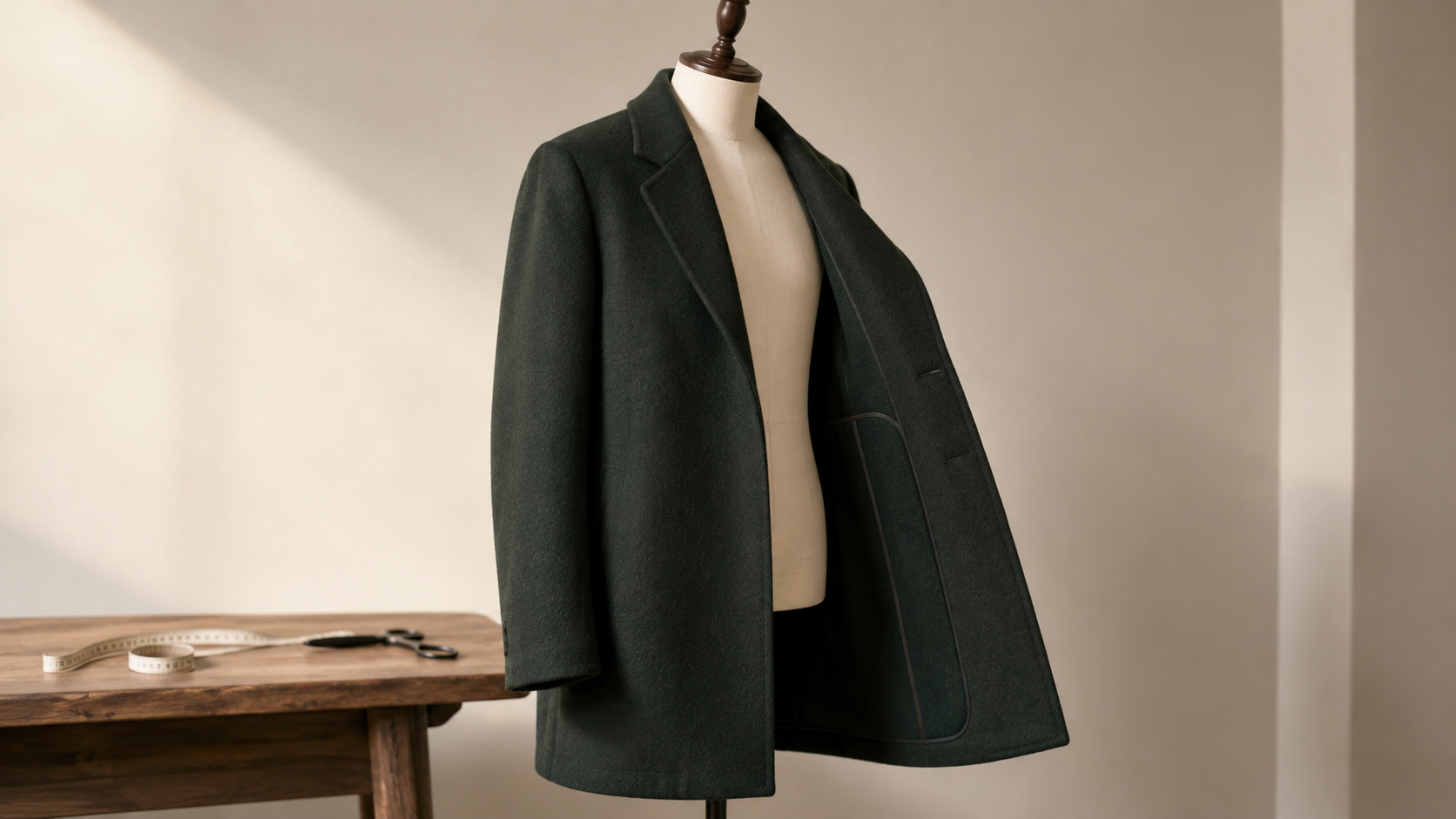 Structured wool overcoat on a tailoring form showing softened shoulders and minimal canvassing