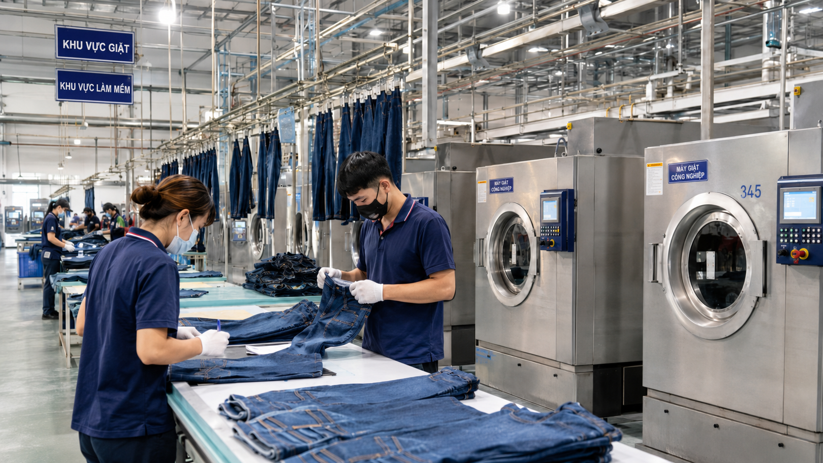 Denim finishing and wash process in a Vietnamese garment factory, clean organized production environment